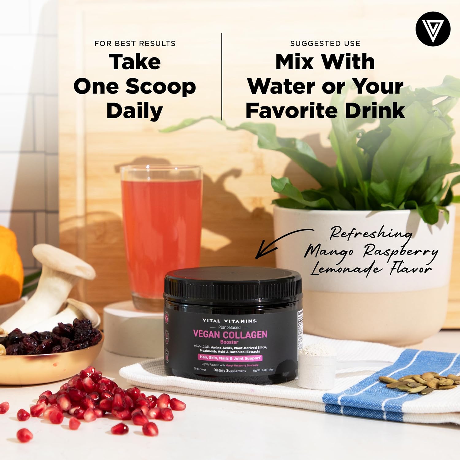Vital Vitamins Vegan Collagen Booster Powder with Amino Acids & Vitamin C | Mango Raspberry Lemonade Flavor, Plant-Powered Collagen Support with Biotin & Hyaluronic Acid, 30 Servings Gsupps Australia