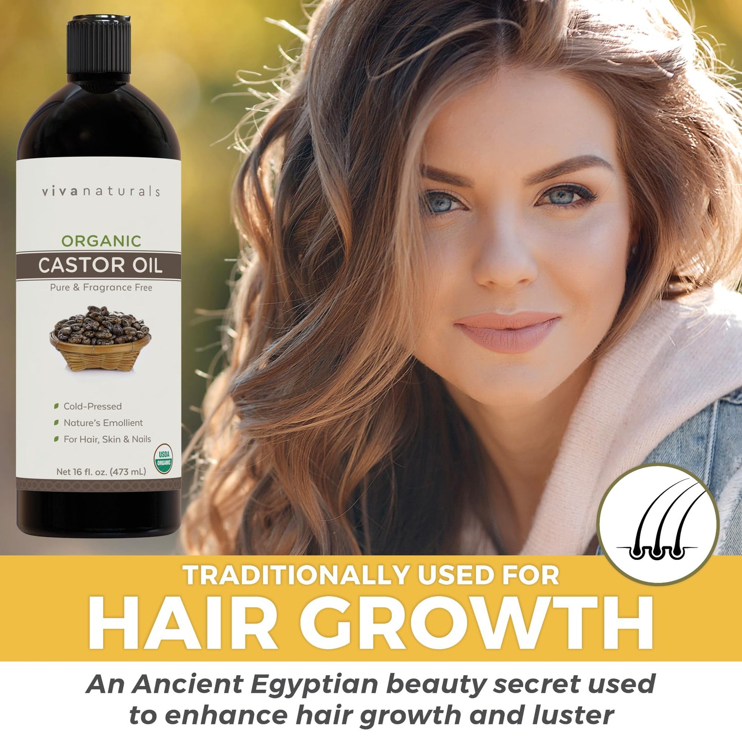 Viva Naturals Organic Castor Oil, Cold-Pressed, 16 fl oz – For Face, Hair, Eyelashes, USDA Organic, Non-GMO - With Beauty Kit Gsupps Australia