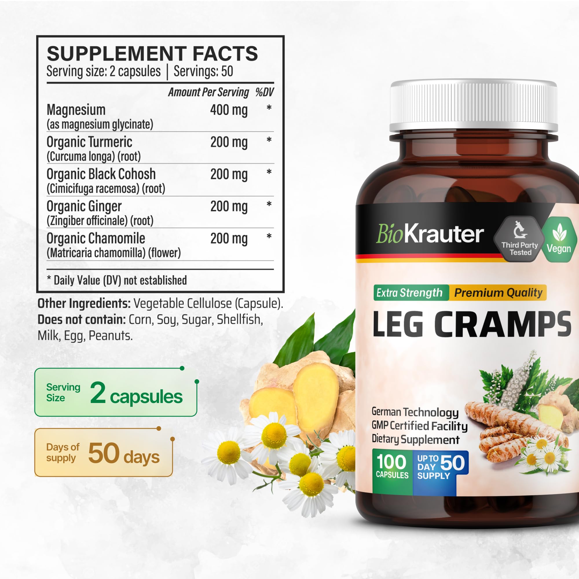 BIO KRAUTER® Magnesium Glycinate for Leg Сramps & Relax - 5-in-1 Formula Magnesium Glycinate 400mg with Turmeric, Black Cohosh, Ginger, Chamomile 1200 mg 100 Caps - No Fillers, Non-GMO, 50-Day Supply BIO KRAUTER buy australia supplements