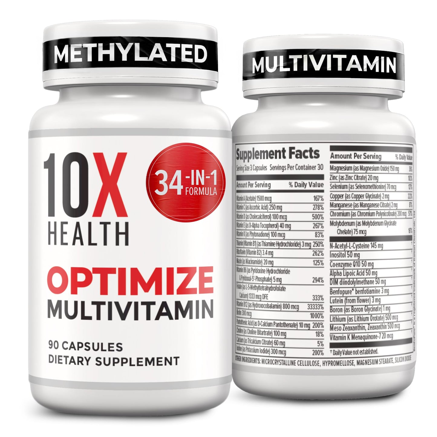 10X Health Optimize Methylated Multivitamin for Men - 90 Capsules, 34 in 1 Formula with 800 mcg of Vitamin B12, 5-MTHF, NAC 10X Health System