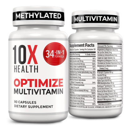 10X Health Optimize Methylated Multivitamin for Men - 90 Capsules, 34 in 1 Formula with 800 mcg of Vitamin B12, 5-MTHF, NAC 10X Health System