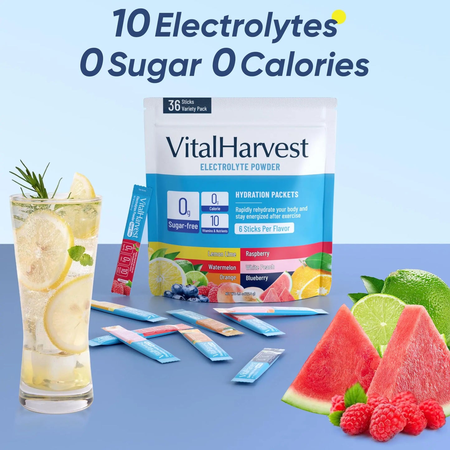 VitalHarvest 36 Sticks Electrolytes Powder Packets 6 Flavors Sugar Free Hydration Packets Electrolyte Liquid Daily IV Drink Mix with Lemon Lime, Watermelon, Orange VitalHarvest