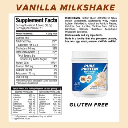 Pure Protein Powder, Whey, High Protein, Low Sugar, Gluten Free, Vanilla Cream, 1 lb Pure Protein
