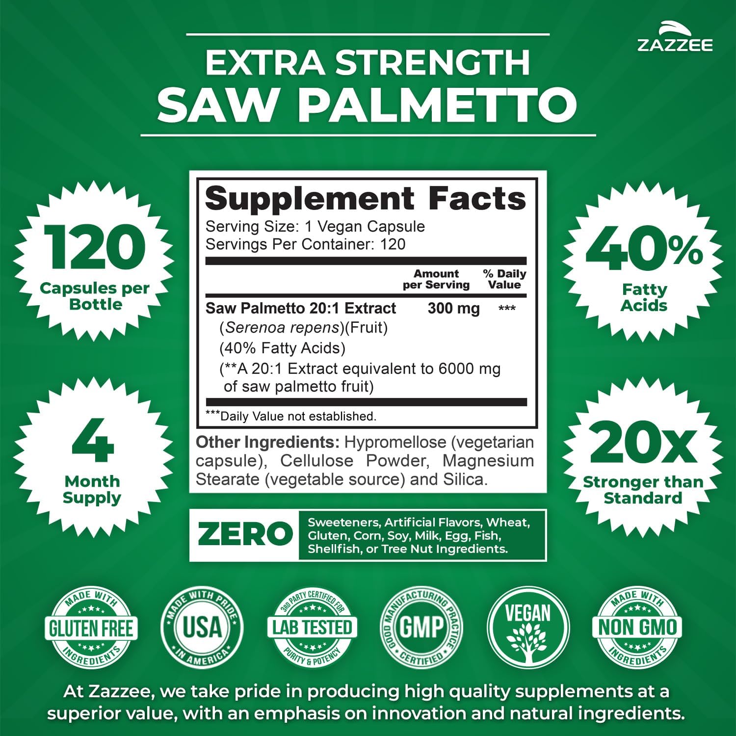 Zazzee Extra Strength Saw Palmetto 20:1 Extract, 40% Fatty Acids, 120 Vegan Capsules, 4 Month Supply, Serenoa Repens, Daily Wellness & Men’s Health Support, Herbal Supplement, Non-GMO, Made in the USA Gsupps Australia