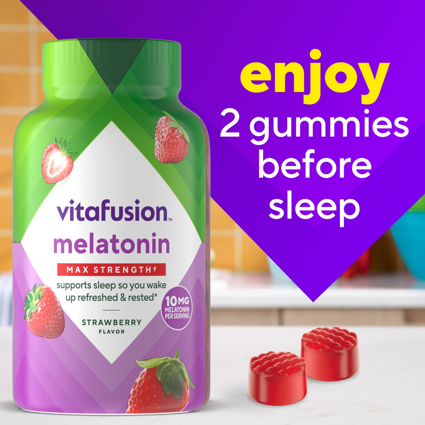 vitafusion Max Strength 10 mg Melatonin Gummies, Strawberry Flavored, Adult Melatonin Gummy Vitamin Supplement, 100 Count, 50 Day Supply Vitafusion