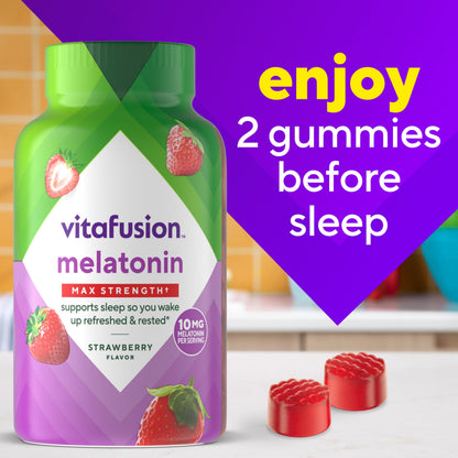 vitafusion Max Strength 10 mg Melatonin Gummies, Strawberry Flavored, Adult Melatonin Gummy Vitamin Supplement, 100 Count, 50 Day Supply Vitafusion