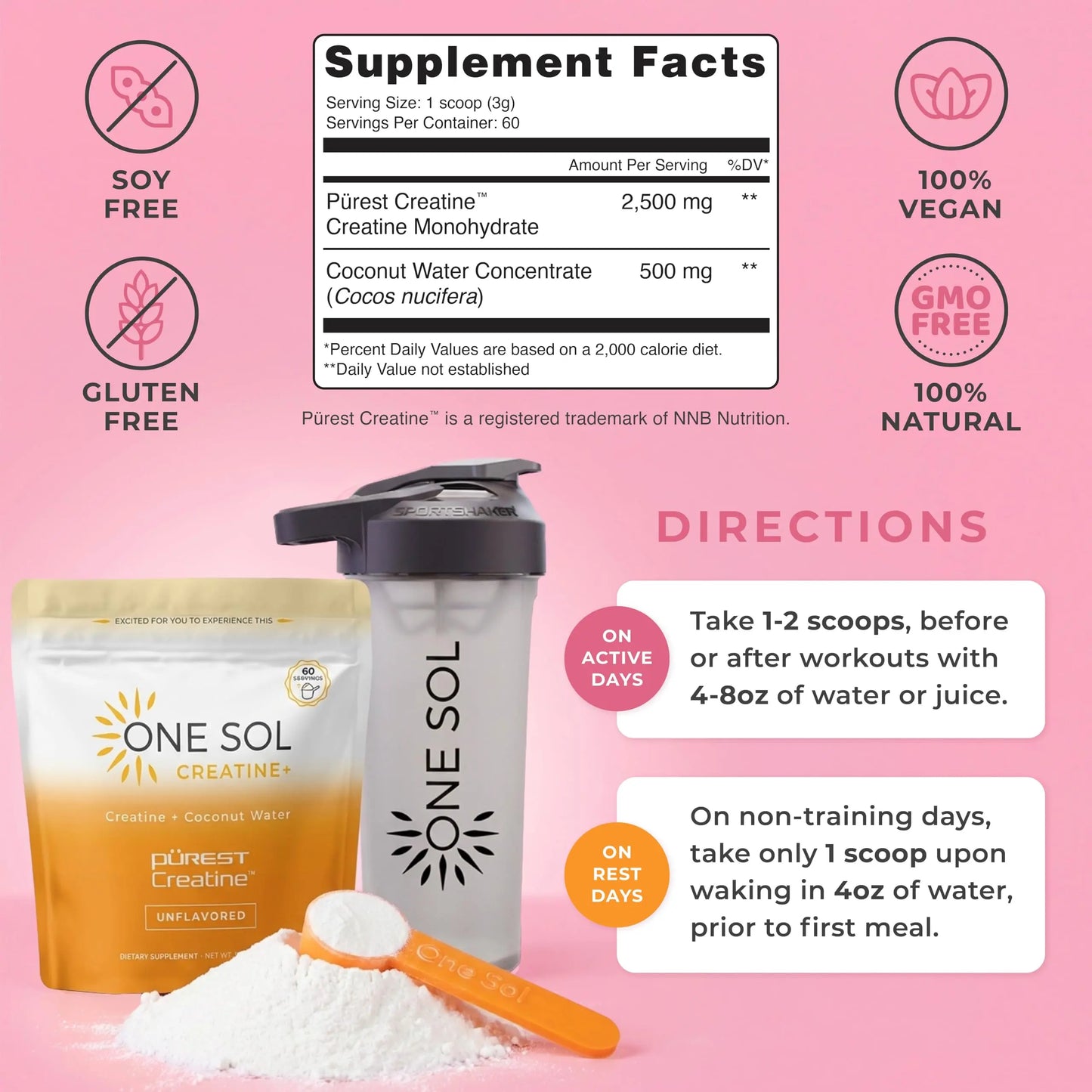 One Sol Creatine for Women, All Natural Women's Creatine Powder w Pure Creatine & Coconut Water, Increase Lean Muscle Mass, Reduce Recovery Time, Promotes Brain & Bone Health (Unflavored, 60 Servings) One Sol