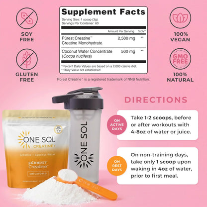 One Sol Creatine for Women, All Natural Women's Creatine Powder w Pure Creatine & Coconut Water, Increase Lean Muscle Mass, Reduce Recovery Time, Promotes Brain & Bone Health (Unflavored, 60 Servings) One Sol