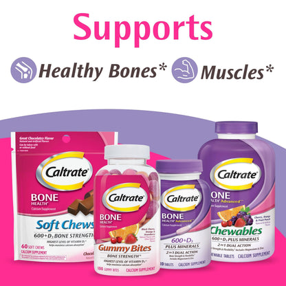 Caltrate Gummy Bites 500 mg Calcium and Vitamin D Supplement, Black Cherry, Strawberry, Orange - 100 Count Caltrate