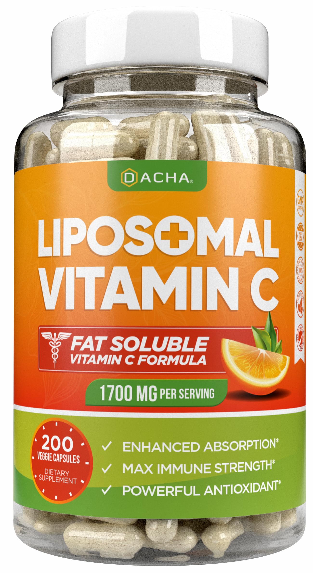 DACHA Natural Liposomal Vitamin C - 1700mg, 200 Capsules, Immune System & Collagen Booster, High Absorption Fat Soluble VIT C DACHA