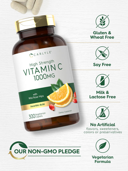 Carlyle Vitamin C 1000mg | 300 Vegetarian Caplets | Ascorbic Acid with Wild Rose Hips | High Strength Formula Carlyle