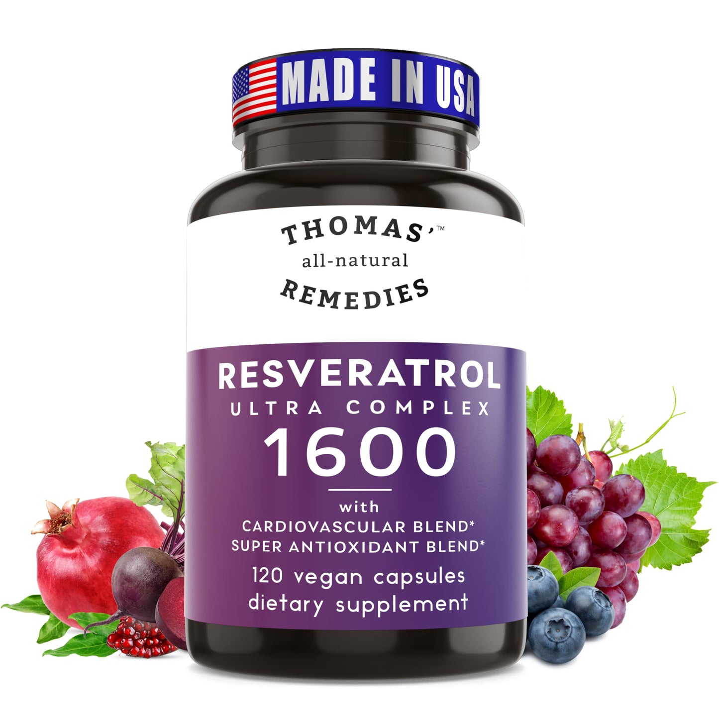 Thomas' all-natural Remedies Resveratrol 1600mg Organic Trans-Resveratrol Antioxidant Supplement with Organic Grape Seed Extract and Quercetin Thomas' all-natural Remedies