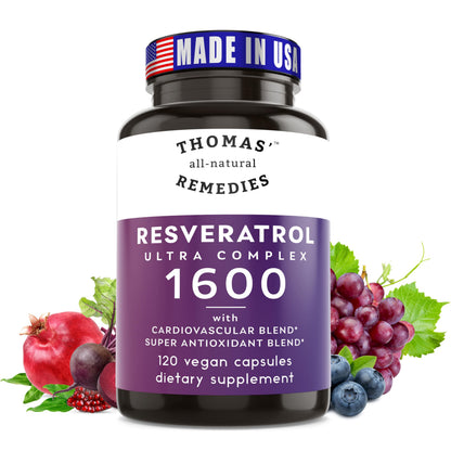 Thomas' all-natural Remedies Resveratrol 1600mg Organic Trans-Resveratrol Antioxidant Supplement with Organic Grape Seed Extract and Quercetin Thomas' all-natural Remedies