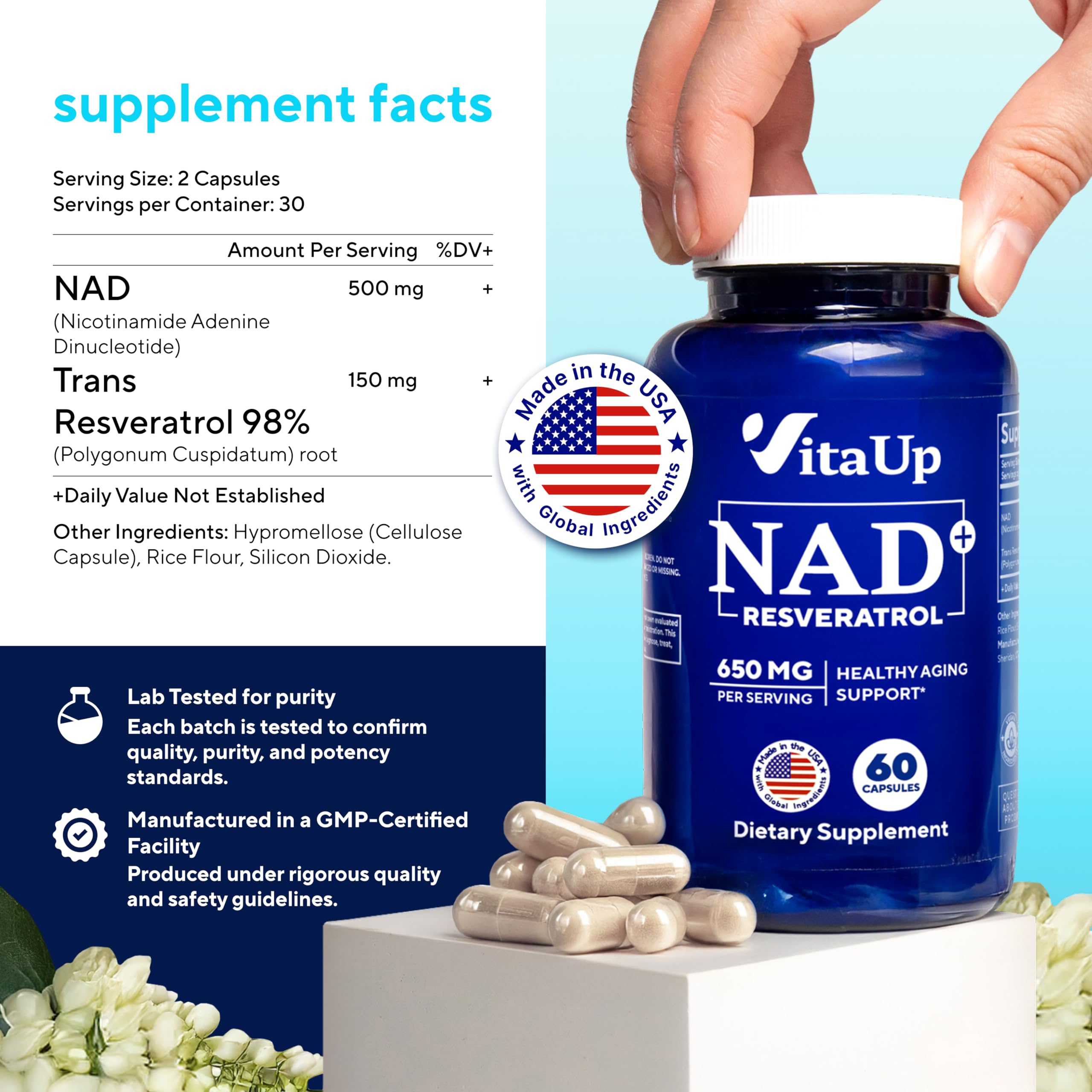 VitaUp NAD+ Resveratrol Supplement - USA Made Trans Resveratrol NAD Supplement 650mg - Nicotinamide Adenine Dinucleotide Capsules for Healthy Aging, Energy & Focus Support - 60 Count VitaUp buy australia supplements