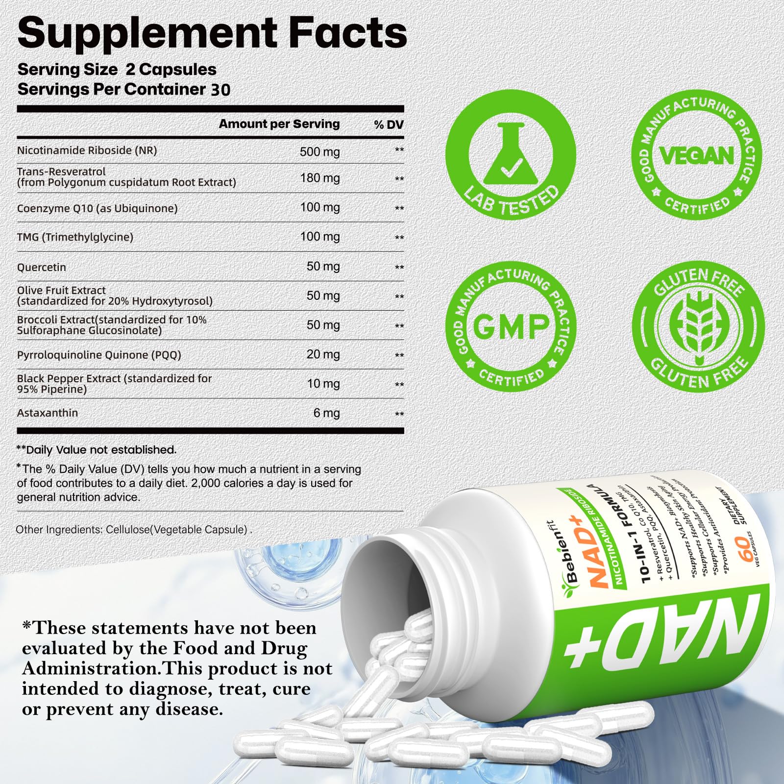 Nad Supplement for Healthy Aging | Energy| Antioxidant| Skin Health| Focus ,10-in-1 Formula with NR,Trans-Resveratrol,CoQ10,Astaxanthin,PQQ,TMG,Quercetin,Olive Fruit Nad+ for Women Men,60 Vegan Caps Bebien fit buy australia supplements