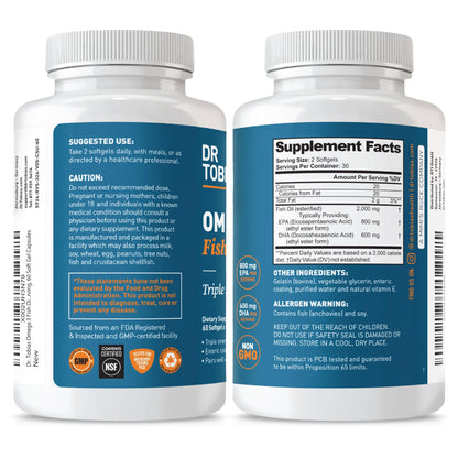 Dr. Tobias Omega 3 Fish Oil 2000mg Triple Strength with 800mg EPA 600mg DHA Per Serving | Fish Oil Omega 3 Supplements for Heart Brain & Immune Support - 180 Softgels (90 Servings)