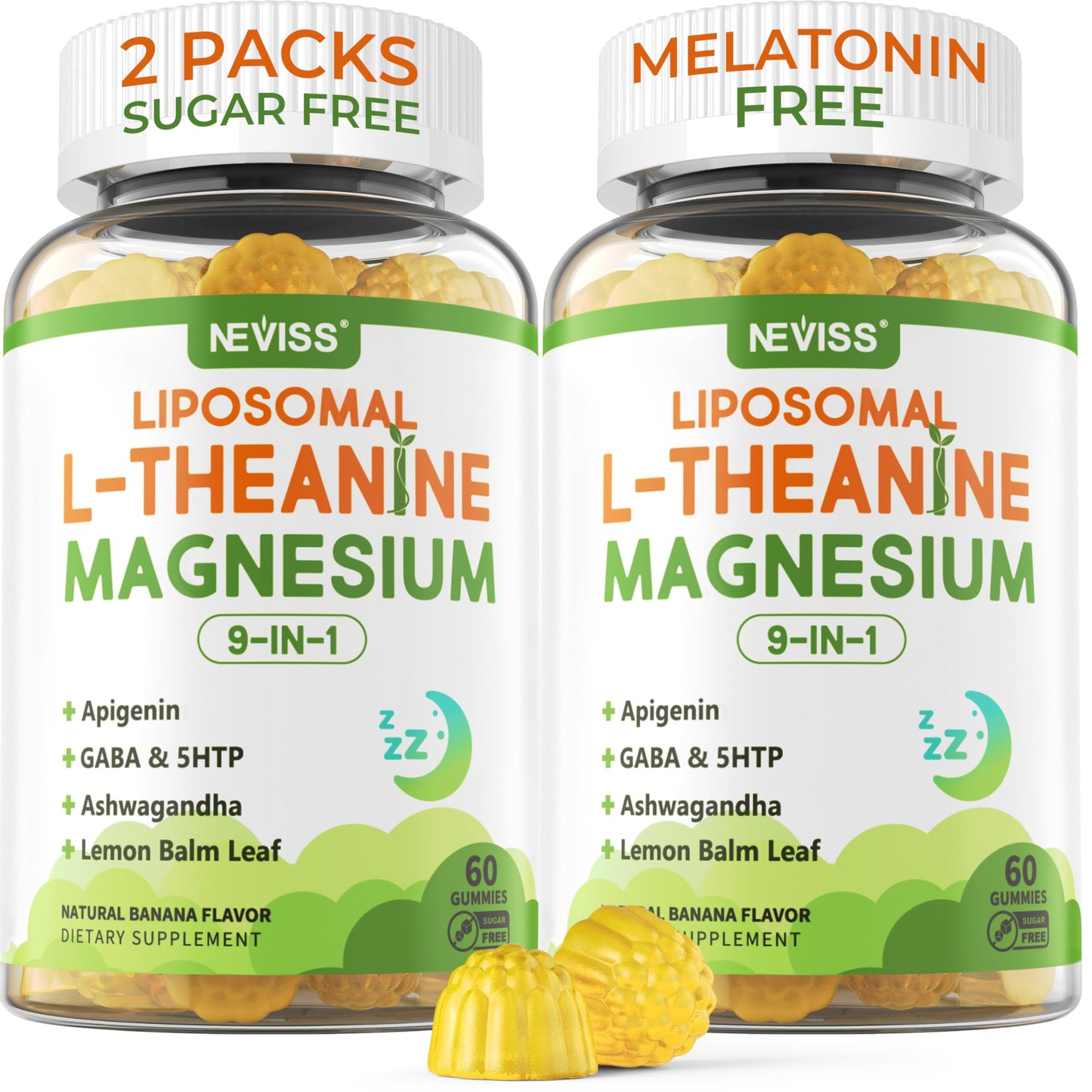 Liposomal L-Theanine 200mg Magnesium Glycinate 400mg Gummies with GABA, 5HTP, Apigenin, Vitamin B6 & D3, Ashwagandha, Lemon Balm Leaf, Melatonin Free Sleep NEVISS