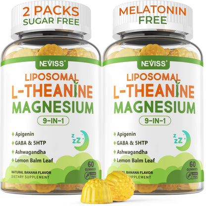 Liposomal L-Theanine 200mg Magnesium Glycinate 400mg Gummies with GABA, 5HTP, Apigenin, Vitamin B6 & D3, Ashwagandha, Lemon Balm Leaf, Melatonin Free Sleep NEVISS