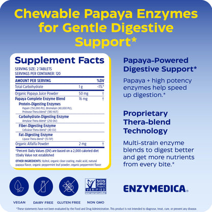Enzymedica Papaya Complete - Papaya Enzymes Chewable, Digestive Enzyme Supplement for Women and Men, Digestion & Gut Health Support, High Potency Bromelain & Papain, Vegan, Gluten Free - 120 Tablets Gsupps Australia