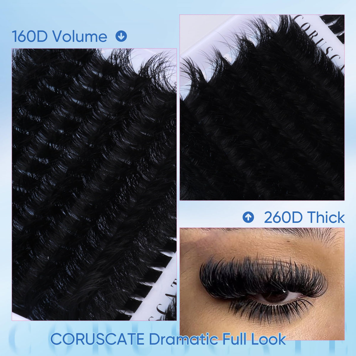 CORUSCATE Lash Clusters 160D+260D Eyelash Clusters 12-24mm Long Lash Extension Thick Cluster Eyelash Extensions Volume Strip Mink Lashes Cluster Dramatic Full Salon Look Mega Eyelashes CORUSCATE