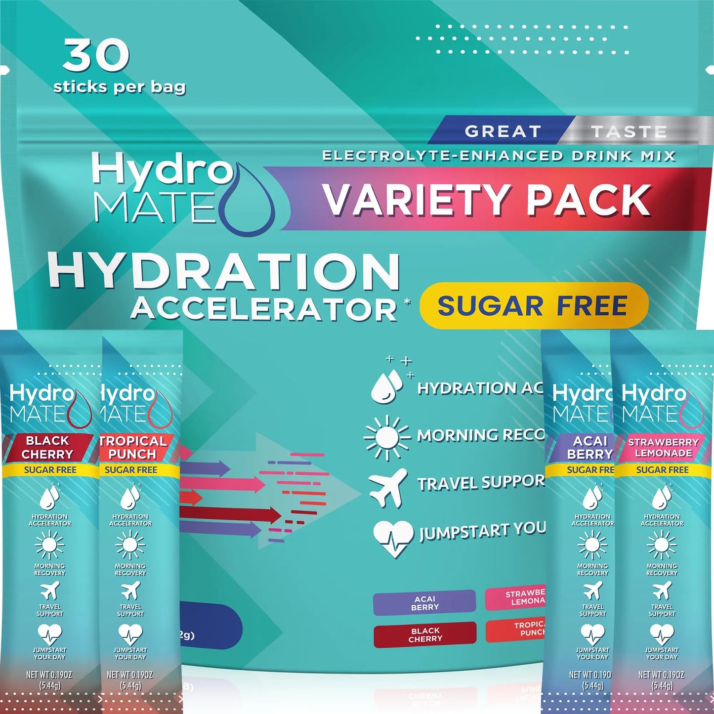 Electrolyte Powder Sugar-Free Hydration Packets Variety Pack HydroMATE 30 Sticks NatureWorks