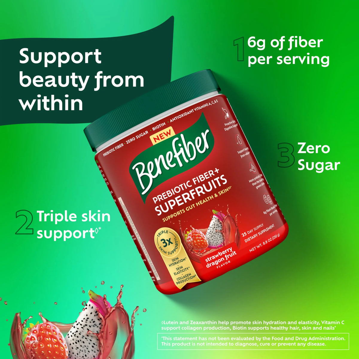 Benefiber Prebiotic GLP-1 Friendly Fiber + Superfruits Dietary Supplement, Strawberry Dragon Fruit Flavor, 8.8 oz (250g) Benefiber