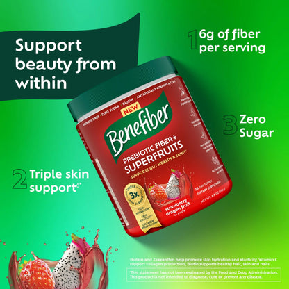 Benefiber Prebiotic GLP-1 Friendly Fiber + Superfruits Dietary Supplement, Strawberry Dragon Fruit Flavor, 8.8 oz (250g) Benefiber