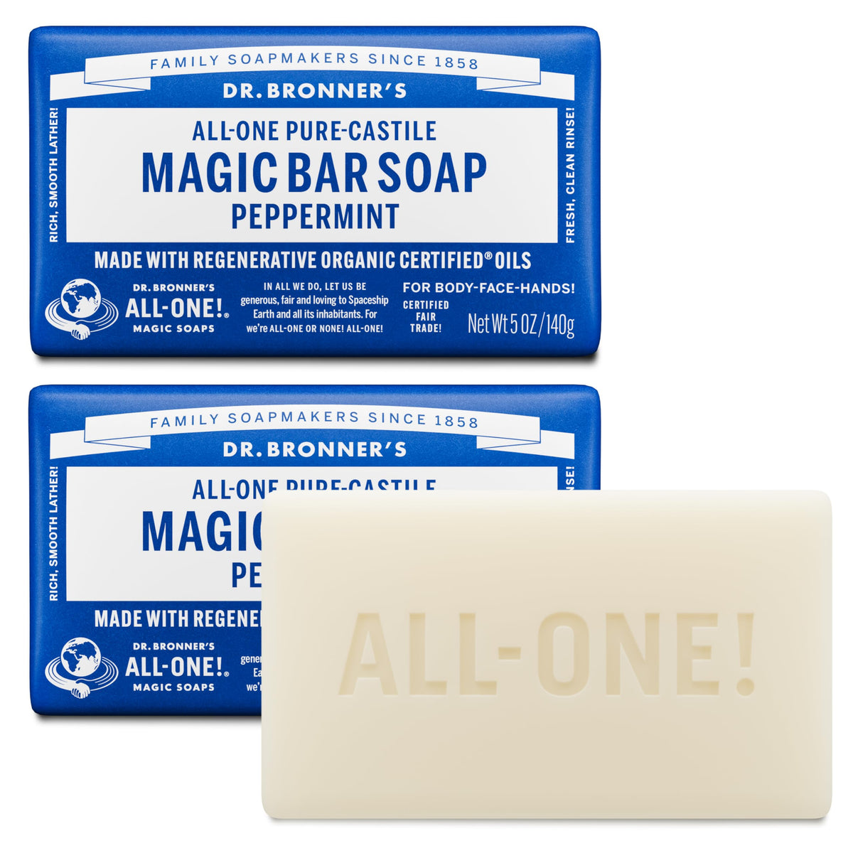 Dr. Bronner's Pure-Castile Magic Bar Soaps (Peppermint, 5oz, 2-Pack) – Made with Regenerative Organic Certified Oils, Soap Bars for Men & Women, Gentle for Face & Body, Vegan, Non-GMO Dr. Bronner's