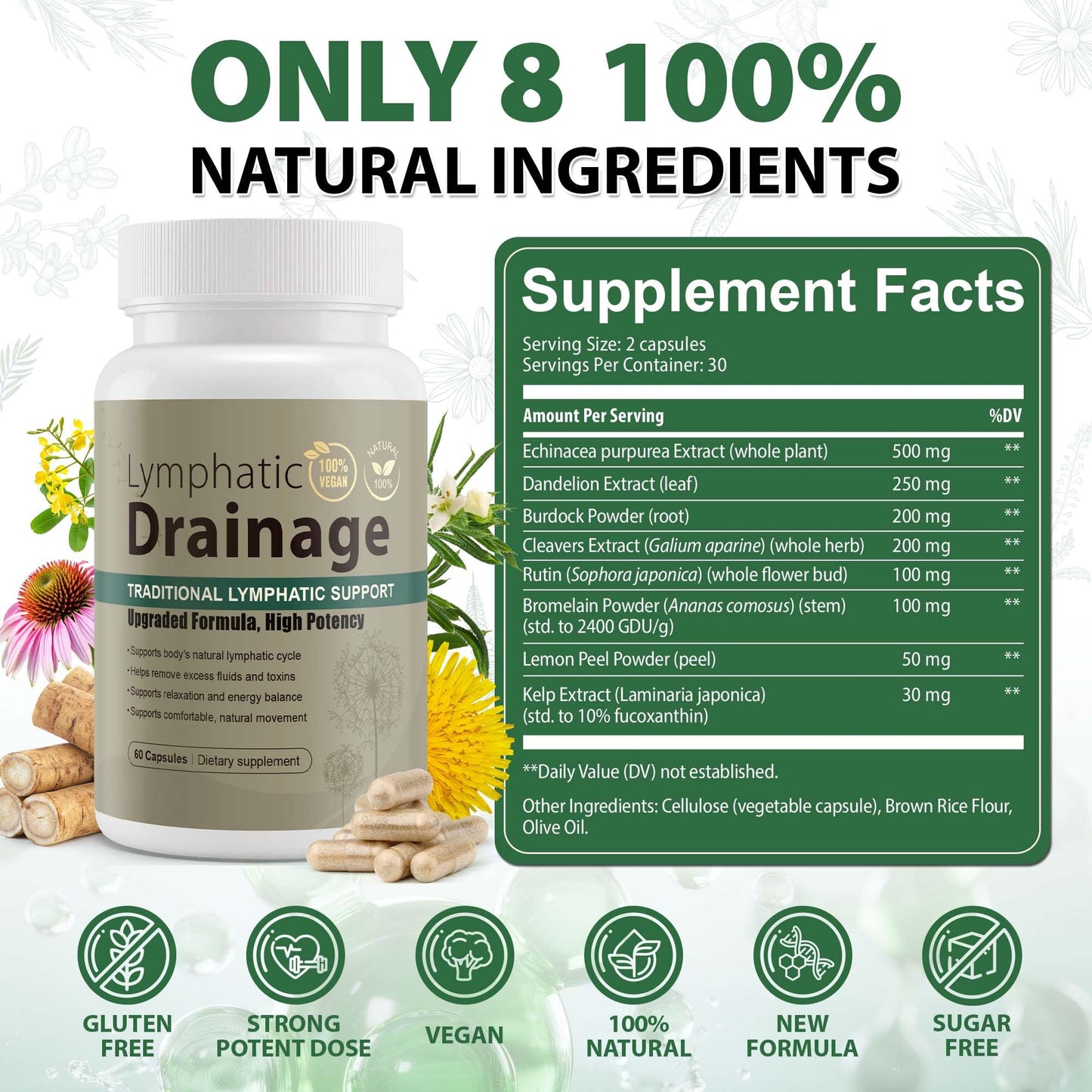 Lymphatic Drainage Capsules Natural Herbal Supplement for Immune Health & Fluid Balance, with Echinacea, Dandelion, and Burdock 60 Capsules Kaseano