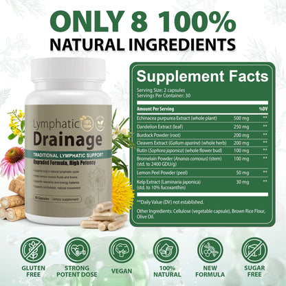 Lymphatic Drainage Capsules Natural Herbal Supplement for Immune Health & Fluid Balance, with Echinacea, Dandelion, and Burdock 60 Capsules Kaseano