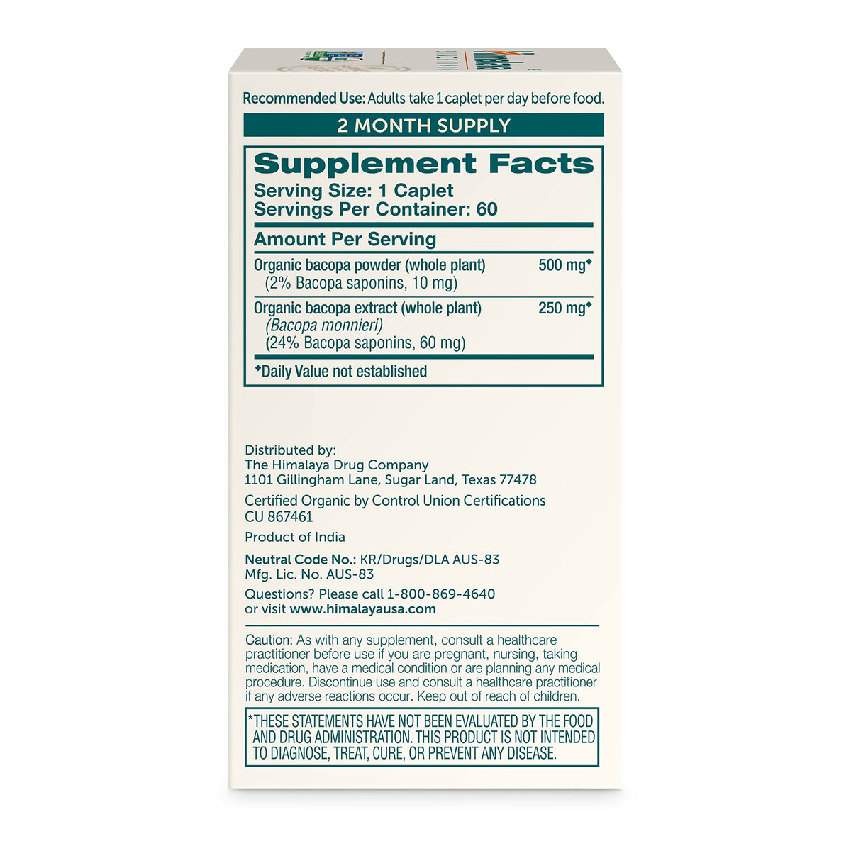 Himalaya Organic Bacopa Monnieri Nootropic Herbal Supplement, Supports Calm, Memory, Cognition, USDA Certified Organic, Non-GMO, 750 mg Himalaya