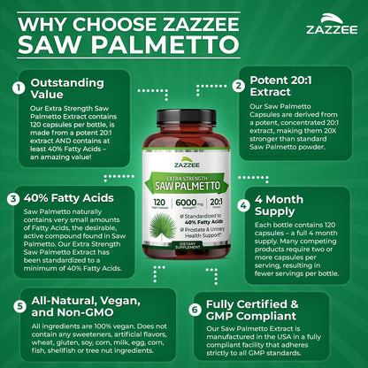 Zazzee Extra Strength Saw Palmetto 20:1 Extract, 40% Fatty Acids, 120 Vegan Capsules, 4 Month Supply, Serenoa Repens, Daily Wellness & Men’s Health Support, Herbal Supplement, Non-GMO, Made in the USA Gsupps Australia