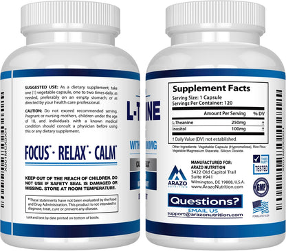 Arazo Nutrition L-Theanine 250mg (Extra Strength) with Inositol 100mg Per Serving, 120 Capsules Vegetarian Gsupps Australia