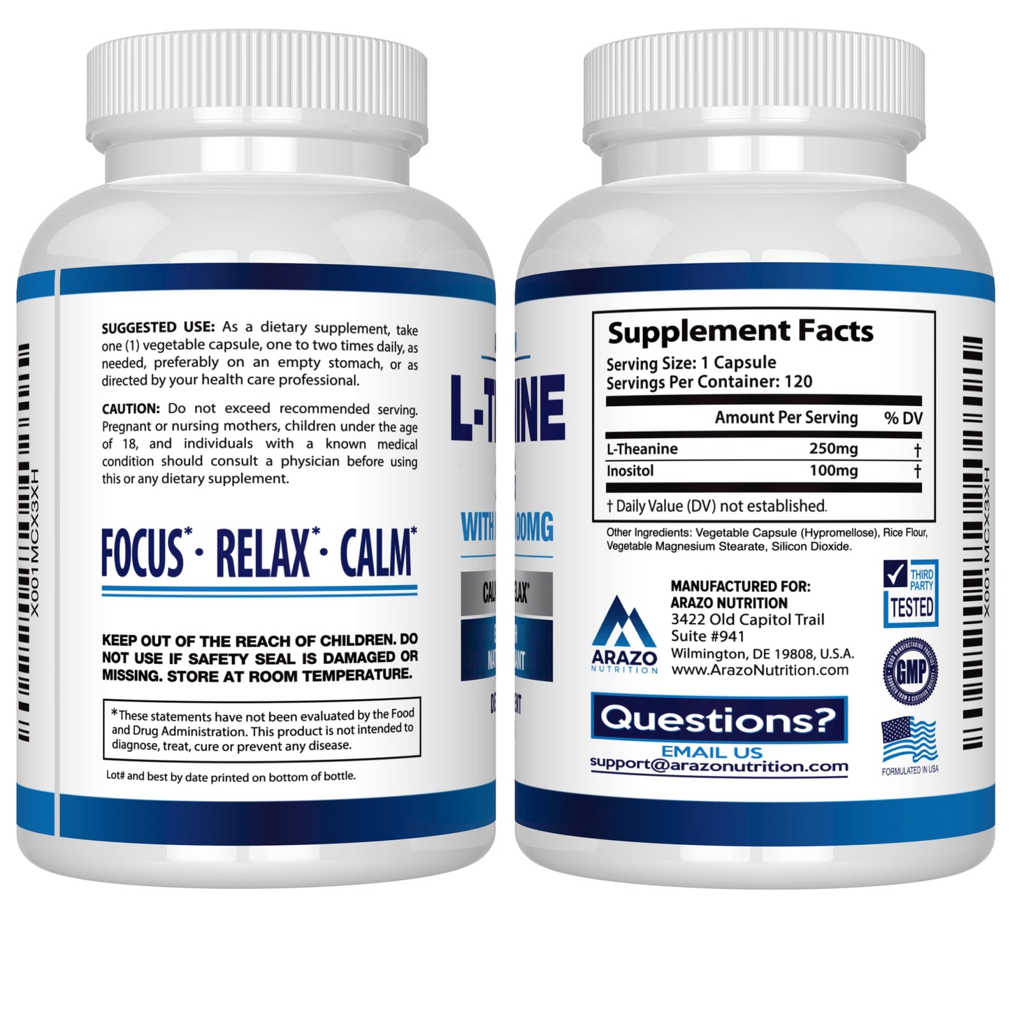 Arazo Nutrition L-Theanine 250mg (Extra Strength) with Inositol 100mg Per Serving, 120 Capsules Vegetarian Gsupps Australia