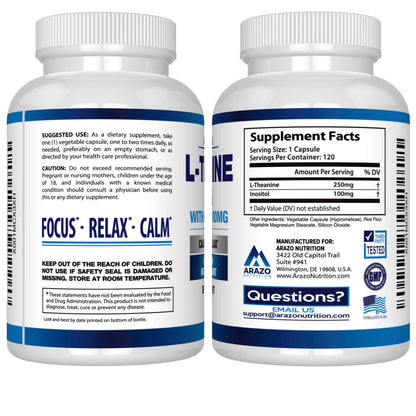 Arazo Nutrition L-Theanine 250mg (Extra Strength) with Inositol 100mg Per Serving, 120 Capsules Vegetarian Gsupps Australia