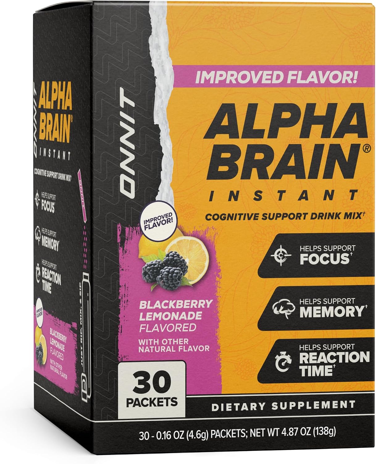 ONNIT Alpha Brain Instant Cognitive Support Drink Mix, BlackBerry Lemonade Flavor, Nootropic Supplement for Focus, Memory, and Clarity, 0.13 oz Packets, 30 Count