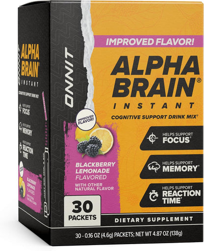 ONNIT Alpha Brain Instant Cognitive Support Drink Mix, BlackBerry Lemonade Flavor, Nootropic Supplement for Focus, Memory, and Clarity, 0.13 oz Packets, 30 Count