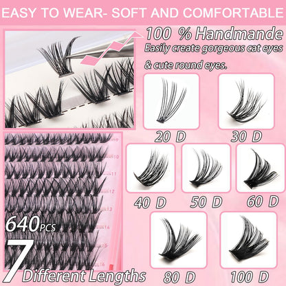 OLLAVO Lash Clusters Kit, 640 Pcs Eyelashes Clusters Extensions, 9-16mm Individual Lashes D Curl Fluffy Wispy 1 Eyelashes Thin Band with Bond Seal Tweezers Brush DIY (30D+40D+50D+60D Kit 9-16mm) OLLAVO
