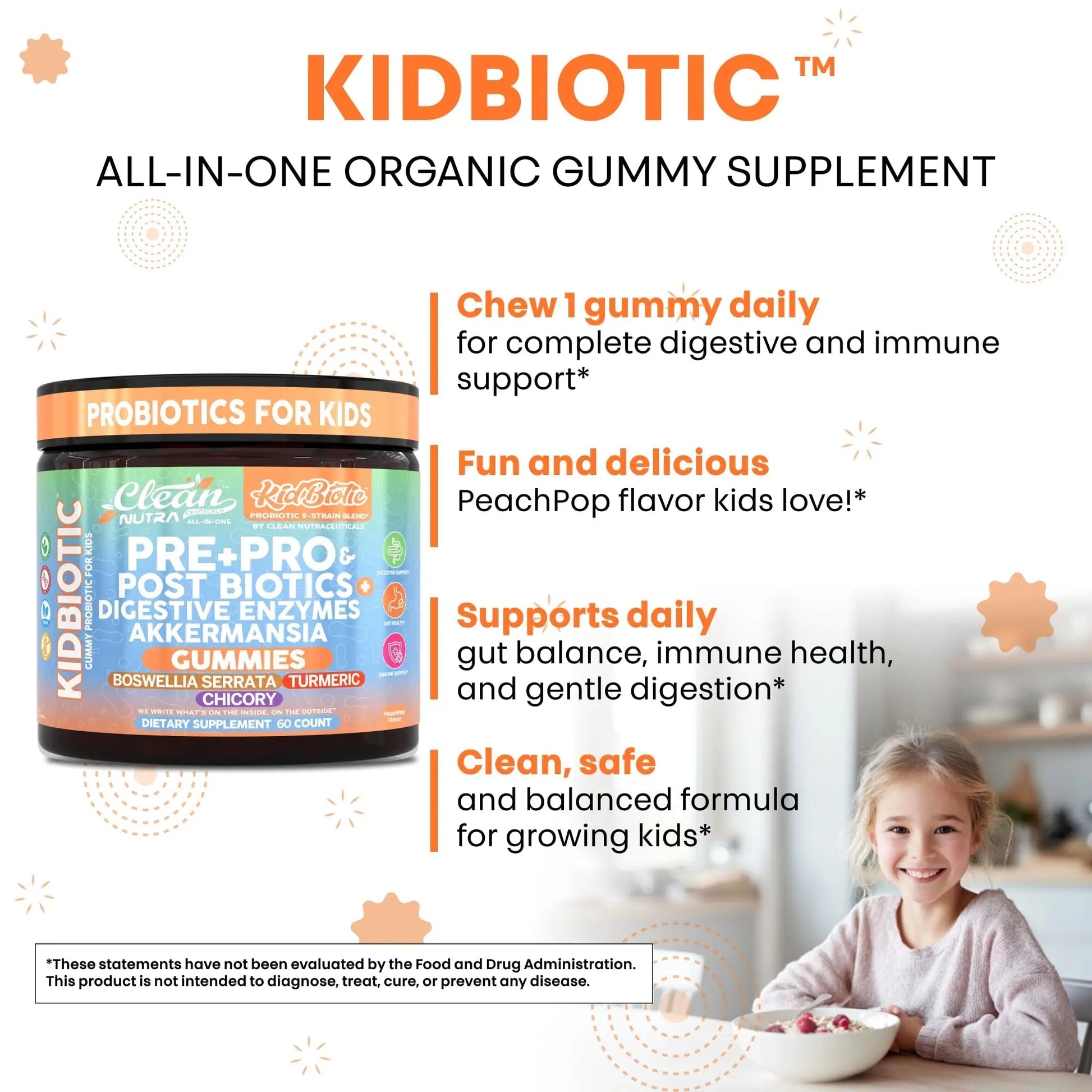 Clean Nutra Kids Probiotics Gummies with Prebiotics, Postbiotics, Digestive Enzymes, Akkermansia, Boswellia Serrata, Turmeric, Chicory – 60 Count – Plant-Based Supplement for Kids – PeachPop Flavor Clean Nutraceuticals buy australia supplements
