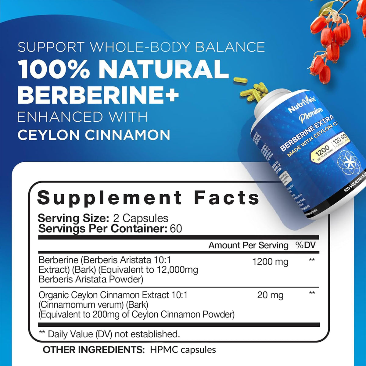 Nutrivein Premium Berberine 1200 mg with Ceylon Cinnamon - 120 Capsules: High-Absorption Berberine Supplement Nutrivein