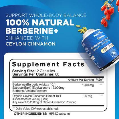 Nutrivein Premium Berberine 1200 mg with Ceylon Cinnamon - 120 Capsules: High-Absorption Berberine Supplement Nutrivein
