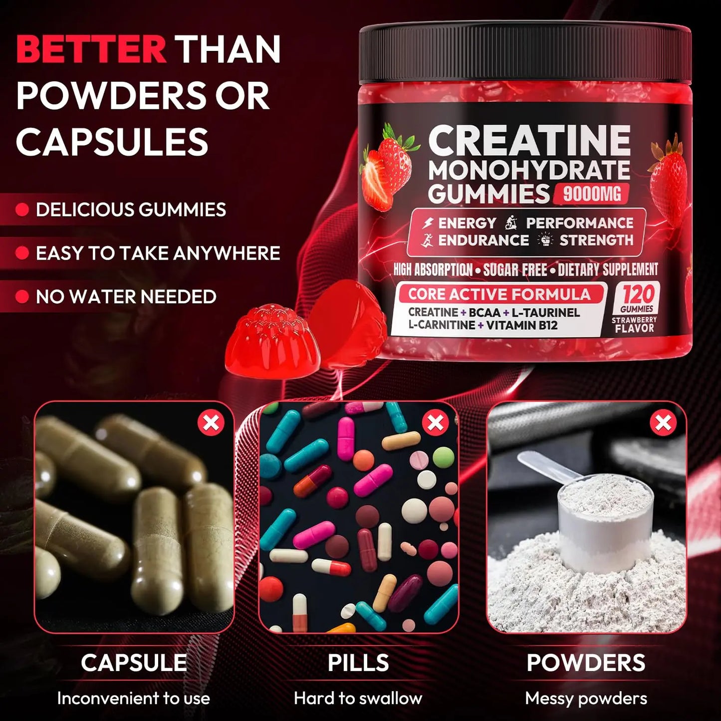 Creatine Gummies Monohydrate Complex 9000MG, Chewable Creatine Monohydrate Gummies for Men & Women with L-Taurine, BCAA 2:1, B12/6, Building Muscle Cytona