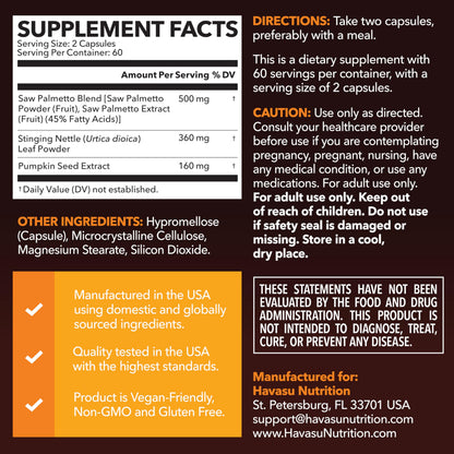 Saw Palmetto Supplement with Stinging Nettle and Pumpkin Seed Extract - Advanced 3X Formula - DHT Blocker Urinary Health and Prostate Support for Mens Health HAVASU NUTRITION