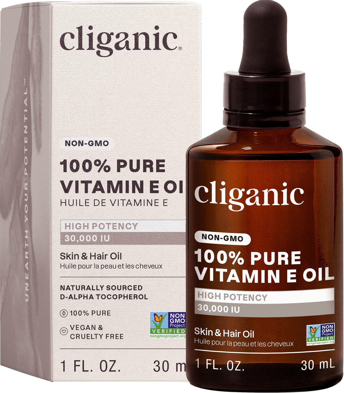 Cliganic Pure Vitamin E Oil for Skin, Scars, Hair & Face - 30,000 IU, Non-GMO Verified | Natural D-Alpha Tocopherol Cliganic