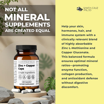 Santa Cruz Paleo, Zinc & Copper Mineral Supplement, High Absorption Formula, Zinc Supplement for Skin & Hair, L Methionine, Copper Gluconate, Trace Minerals Santa Cruz Paleo
