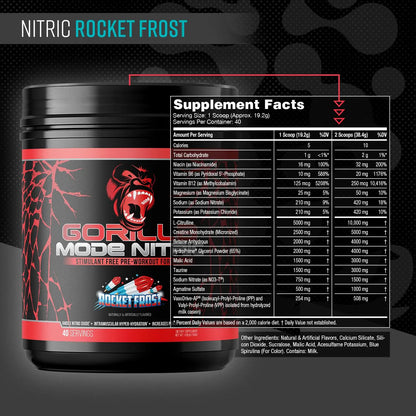 Gorilla Mode Nitric Upgraded Stimulant Free Pre-Workout – Best Tasting and Most Effective Stimulant Free Pre-Workout/Massive Pumps · Vasodilation · Power / 768 Grams (Rocket Frost) Gorilla Mind