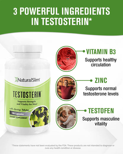 NaturalSlim Natural Booster for Men - Male Enhancing Supplement with Ginkgo Biloba, L Arginine, Zinc, Vitamin B3, & Testofen for Energy, Muscle Builder & Metabolism - 180 Capsules NaturalSlim
