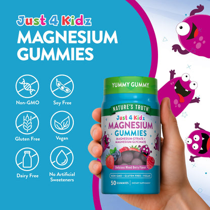 Nature's Truth Magnesium Gummies for Kids | Glycinate & Citrate | 50 Count | Mixed Berry Flavor | Vegan, Non-GMO Nature's Truth