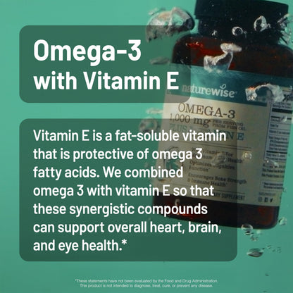 NatureWise Extra-Strength Omega 3 Fish Oil Supplement - 1000mg per Serving - 600 EPA & 400 DHA and Vitamin E - Support for Heart & Brain Health - Lemon Flavor NatureWise