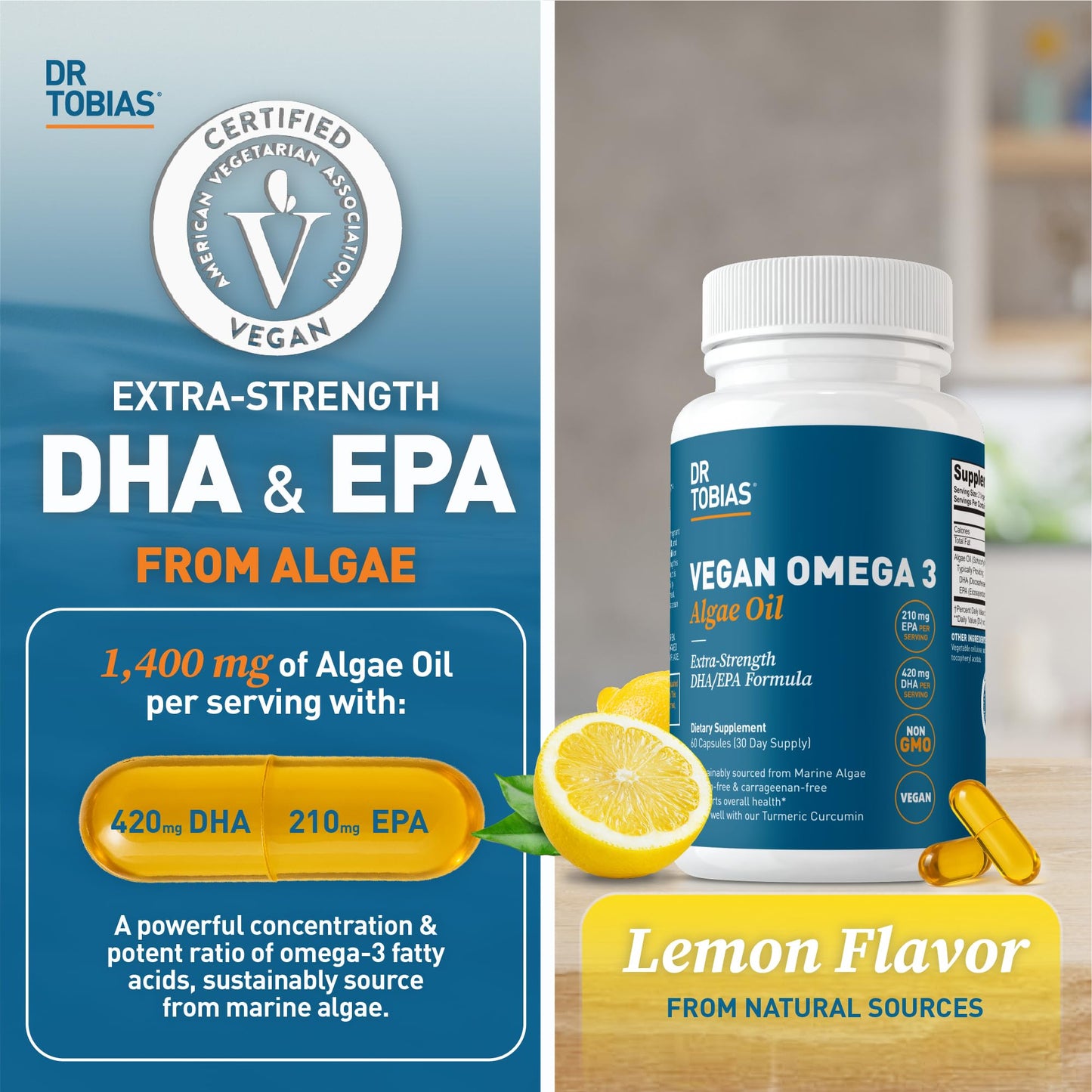 Dr. Tobias Vegan Omega 3 Supplement, 1400mg Algae Oil, 420mg DHA, and 210mg EPA per Serving, Non-GMO, Gluten-Free, Carrageenan-Free, 60 Capsules, 30 Servings